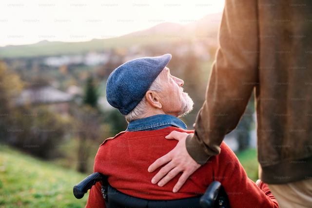Assistant shaking hands with person in wheelchair