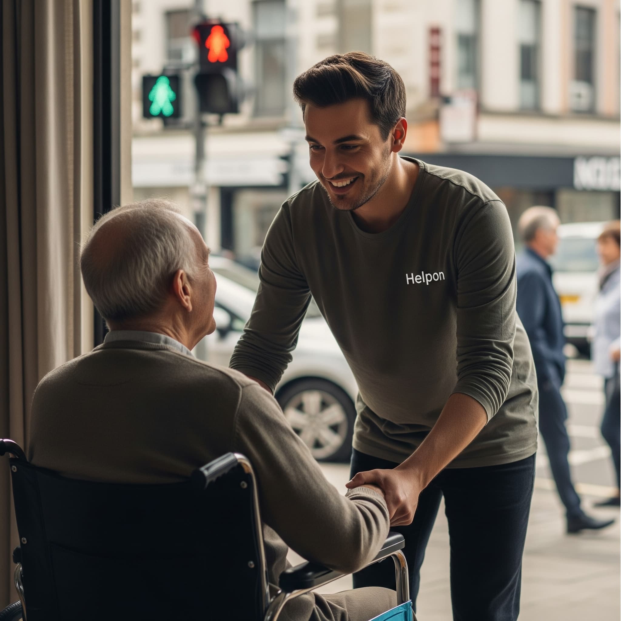 Person shaking hands with someone in a wheelchair