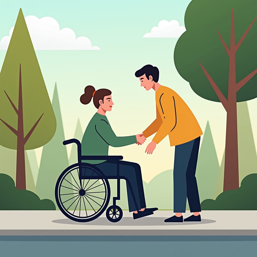 Illustration of a person assisting someone in a wheelchair