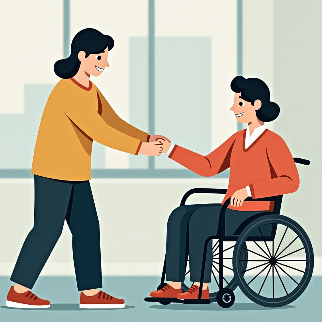 Illustration of a person assisting someone in a wheelchair